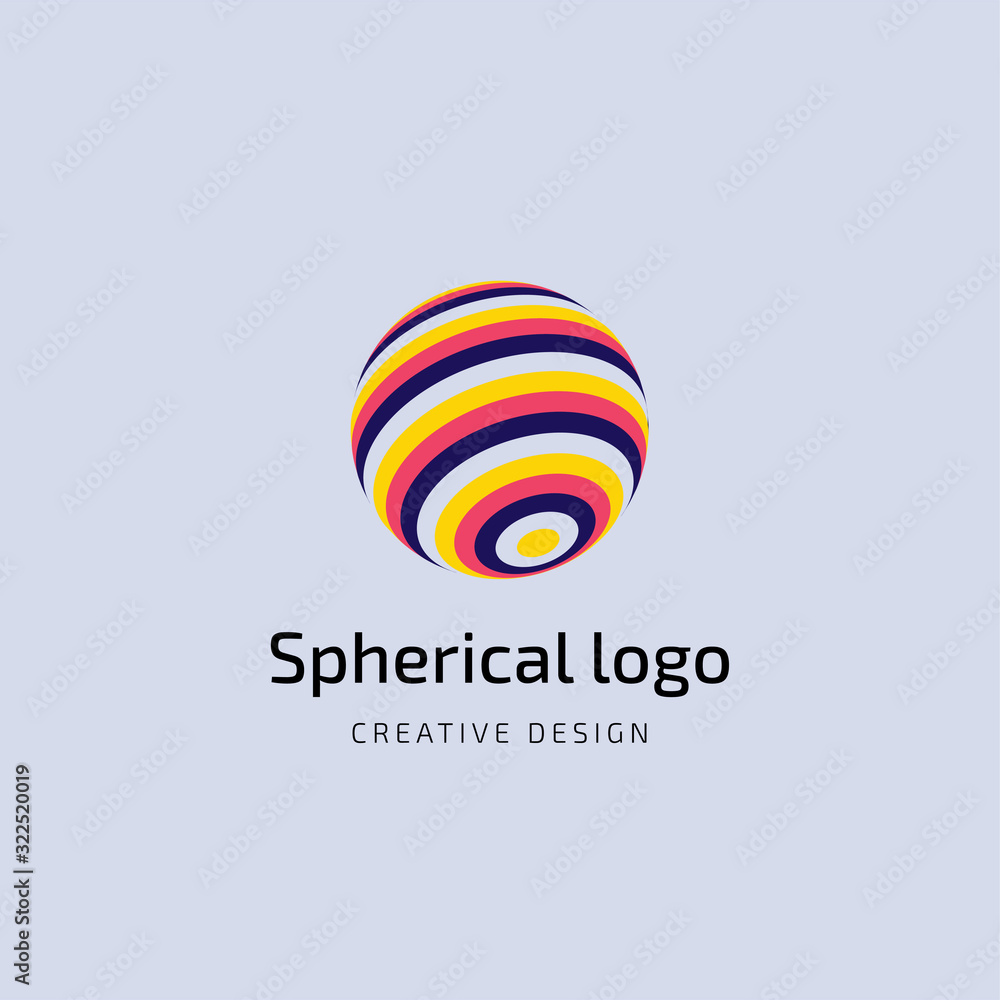 Vector logo design. Spherical globe icon with text. Template of logotype for business, communication, analytics, consult, education of world value.