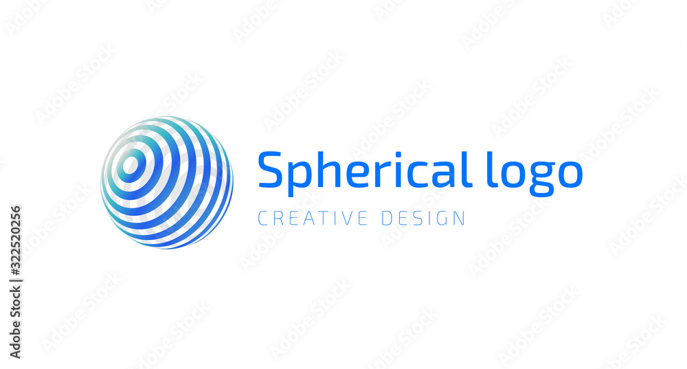 Vector logo design. Spherical globe icon with text. Template of logotype for business, communication, analytics, consult, education of world value.