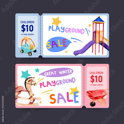 Playground ticket design with slide, rocking horse watercolor illustration.