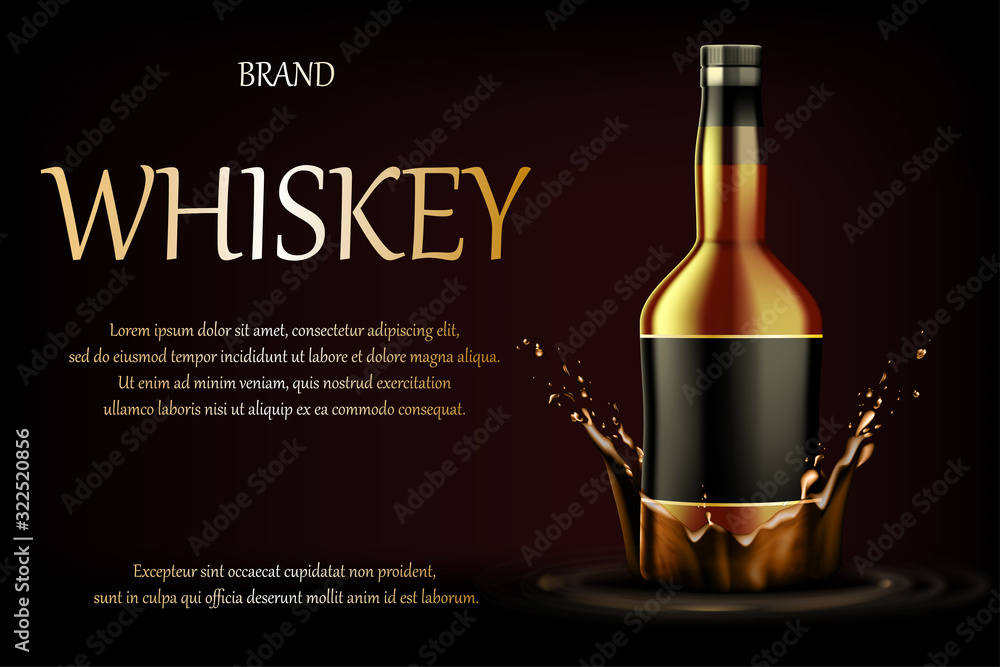 Whiskey Drink ads. Realistic glass whisky strong alcohol drink bottle on  dark background with liquid splash and drops, advertising for banner  design. Vector 3d illustration Stock Vector | Adobe Stock