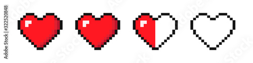 Set of pixel hearts with video games isolated on white background. '8-bit style. Vector illustration