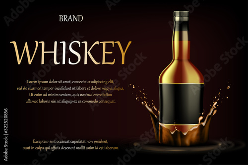 Whiskey Drink ads. Realistic glass whisky strong alcohol drink bottle on dark background with liquid splash and drops, advertising for banner design. Vector 3d illustration