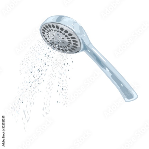 Running jets, streams, falling drops, flowing water from metallic shower head. Interior object of bathroom, washroom. Vector realistic illustration isolated on white background for ads, catalogues.