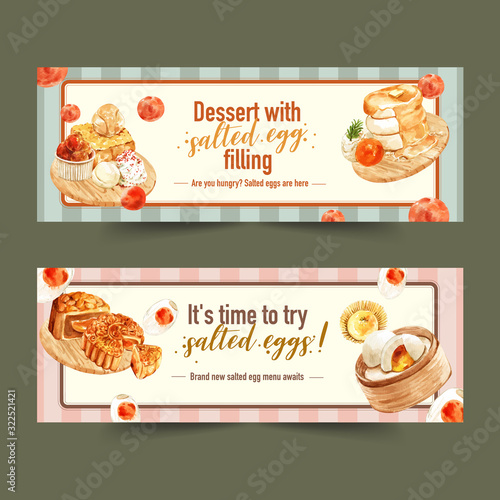 Salted egg Banner design with honey toast, moon cake, pancake  watercolor illustration.