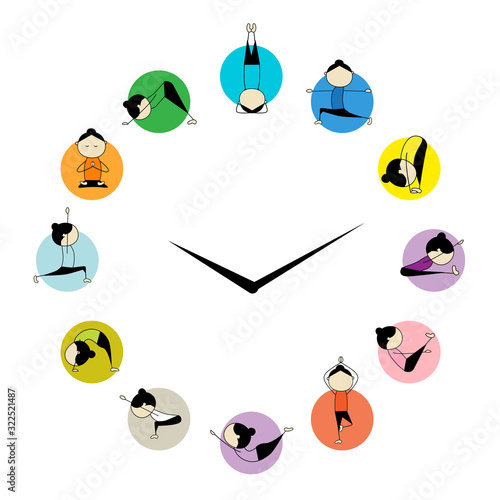 Woman practicing Yoga. Circle clock concept. Poster infographics design for yoga studio. International Yoga Day greeting card.