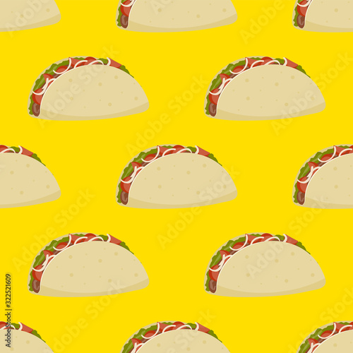 Seamless pattern of Mexican burrito with meat and vegetables on a yellow background. Vector image