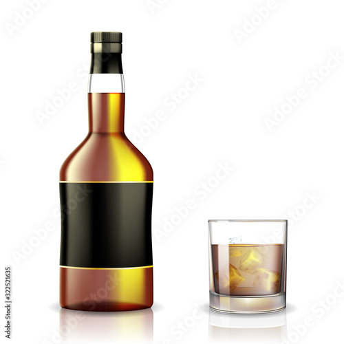 Set of whiskey, rum, bourbon or cognac glasses and bottle with Alcohol mockup. Realistic Transparent Drink bottle isolated. 3d vector illustration