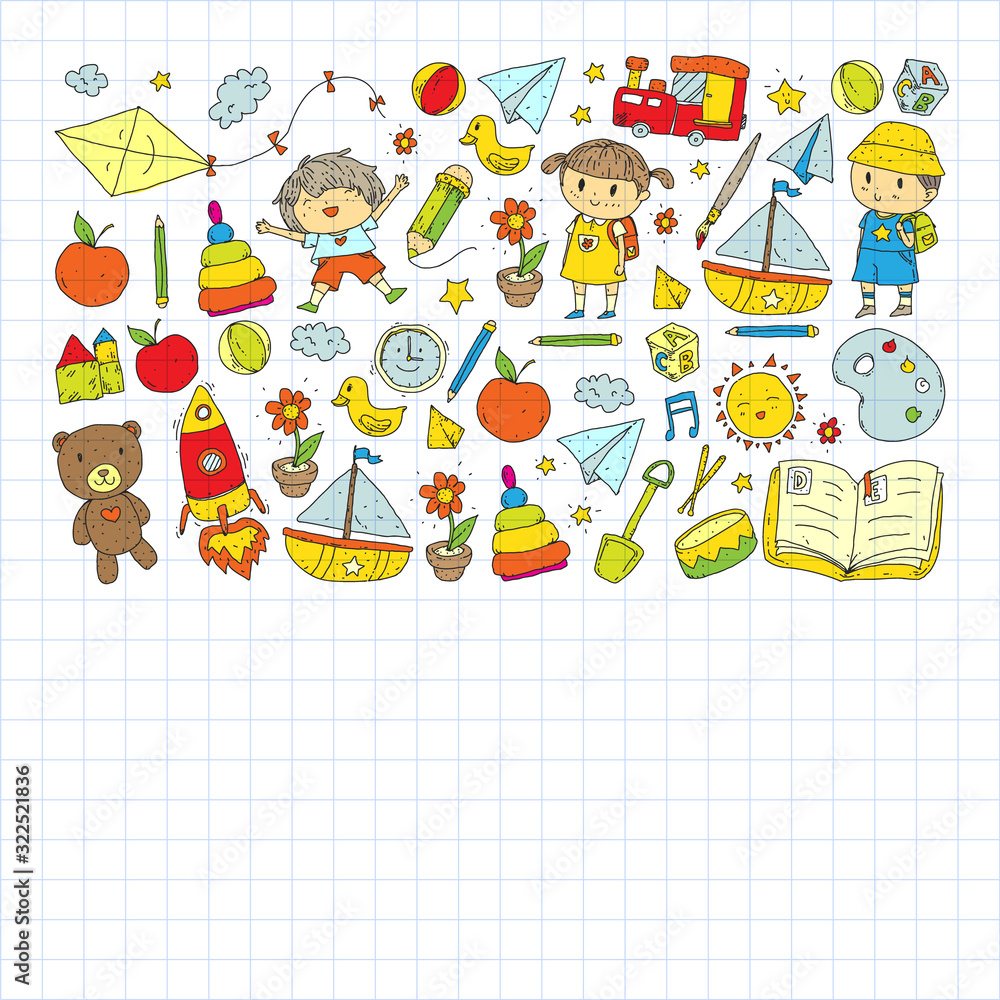 Kindergarten with toys. Pattern for children. Little preschool kids education. Drawing, learning, play Kindergarten with toys. Pattern for children. Little preschool kids education. Drawing, learning, play