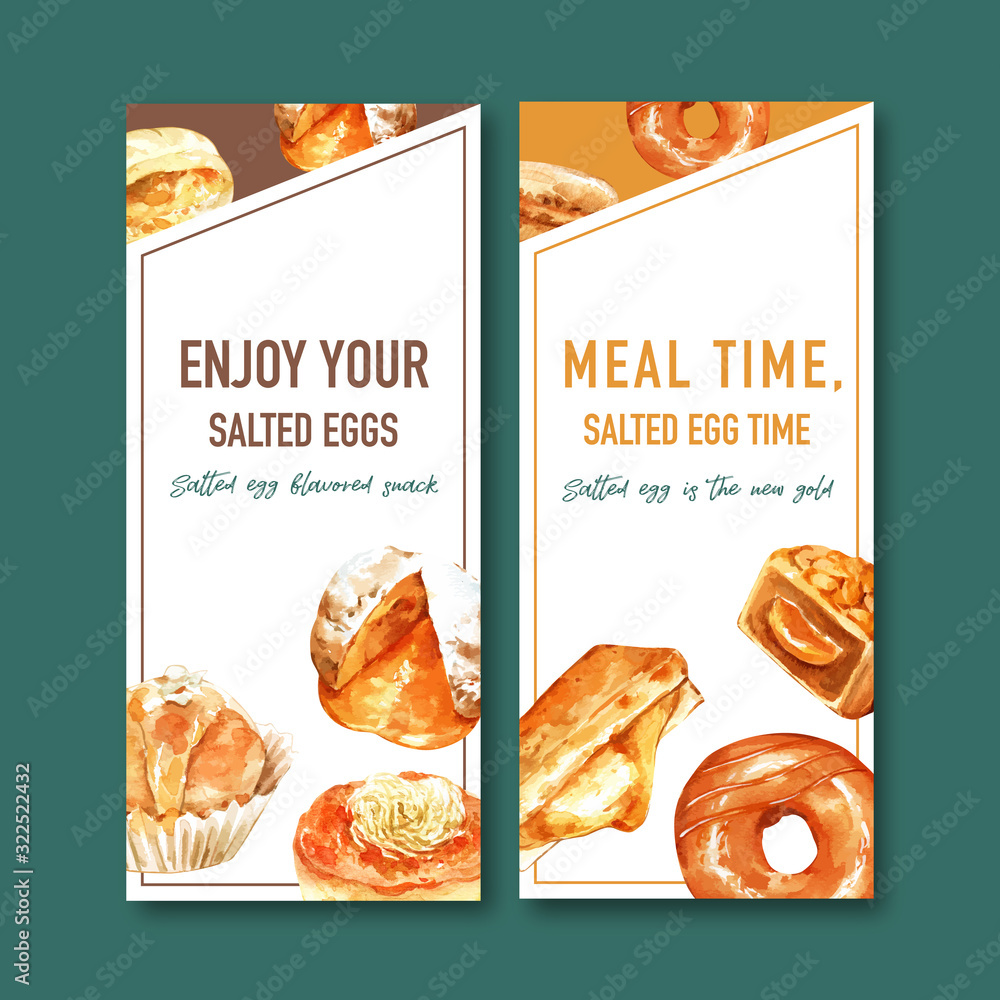 Salted egg flyer design with donut, stuffed bun watercolor illustration. Salted egg flyer design with donut, stuffed bun watercolor illustration.