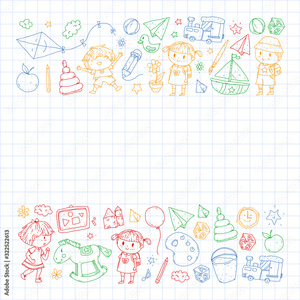 Kindergarten with toys. Pattern for children. Little preschool kids education. Drawing, learning, play Kindergarten with toys. Pattern for children. Little preschool kids education. Drawing, learning, play