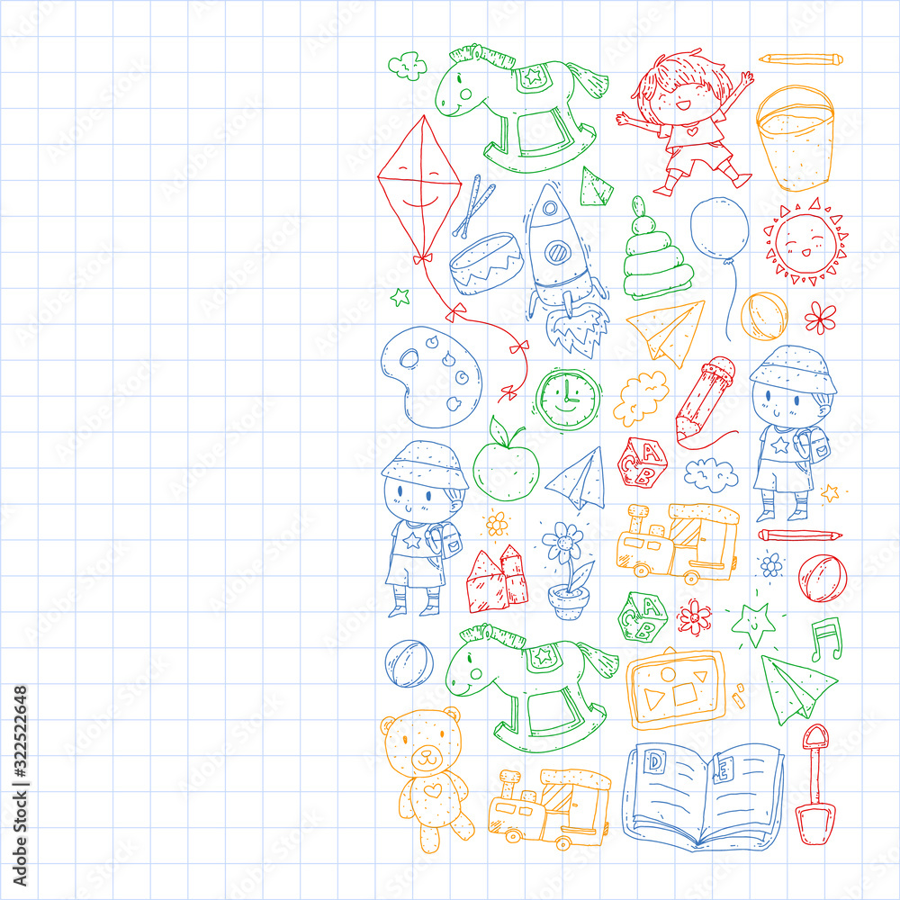 Kindergarten with toys. Pattern for children. Little preschool kids education. Drawing, learning, play Kindergarten with toys. Pattern for children. Little preschool kids education. Drawing, learning, play