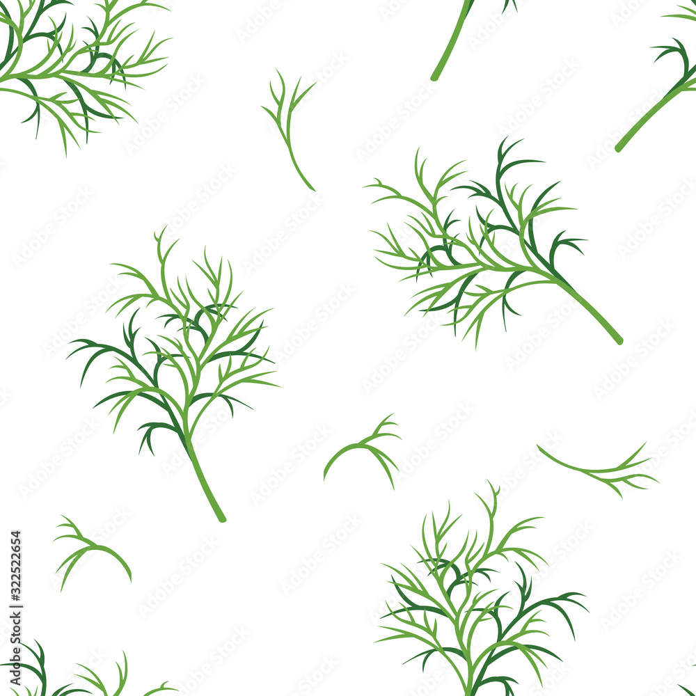 Green branches of dill seamless pattern. Vector illustration of greenery, aromatic herbs isolated on a white background. Cartoon flat style. Green branches of dill seamless pattern. Vector illustration of greenery, aromatic herbs isolated on a white background. Cartoon flat style.
