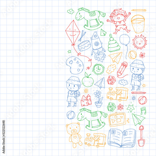 Kindergarten with toys. Pattern for children. Little preschool kids education. Drawing, learning, play