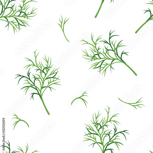 Green branches of dill seamless pattern. Vector illustration of greenery  aromatic herbs isolated on a white background. Cartoon flat style.