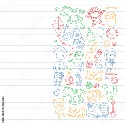 Kindergarten with toys. Pattern for children. Little preschool kids education. Drawing, learning, play