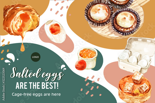 Salted egg frame design with croissant, tart watercolor illustration.