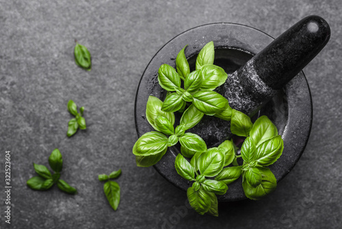 Fotomurale Fresh basil, green herb in mortar on dark background
