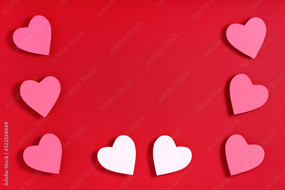 Valentine hearts on red surface. Top view, flat lay, from above, copy space