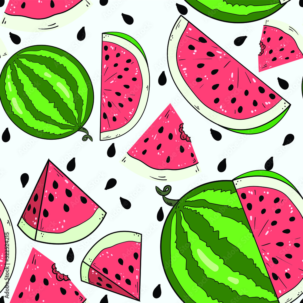 Naklejka Seamless vector pattern with watermelon, parts and seeds on white background. Wallpaper, fabric and textile design. Good for printing. Cute wrapping paper pattern with fruits.