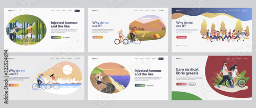 Motion outdoors set. People riding bikes, running marathon, camping. Flat vector illustrations. Active lifestyle, adventure, activity concept for banner, website design or landing web page