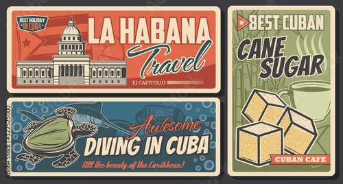 Cuba and Havana travel retro banners. Cuban flag and National Capitol Building vector design with Caribbean Sea turtle, diving mask, blue marlin and cane sugar cubes. Tourism and vacation themes
