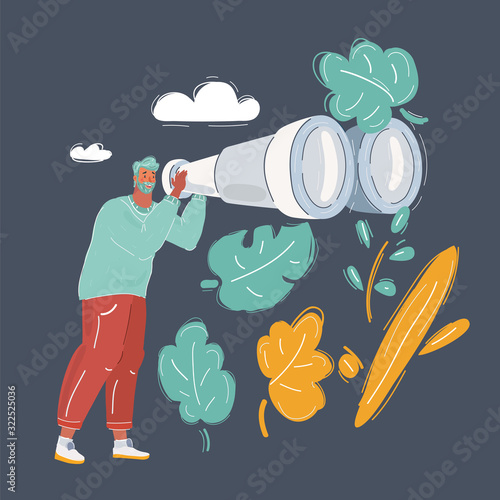 A Man with binoculars on dark background.