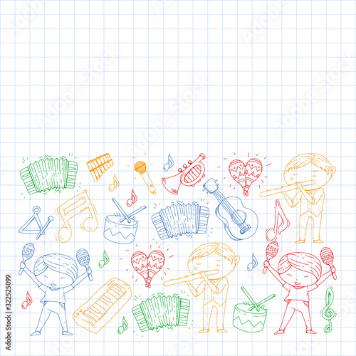 Music background for patterns. Vector illustration with musical instruments.