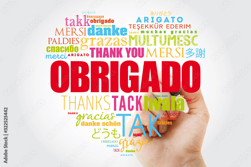 Obrigado (Thank You in Portuguese) Word Cloud, concept background Stock
