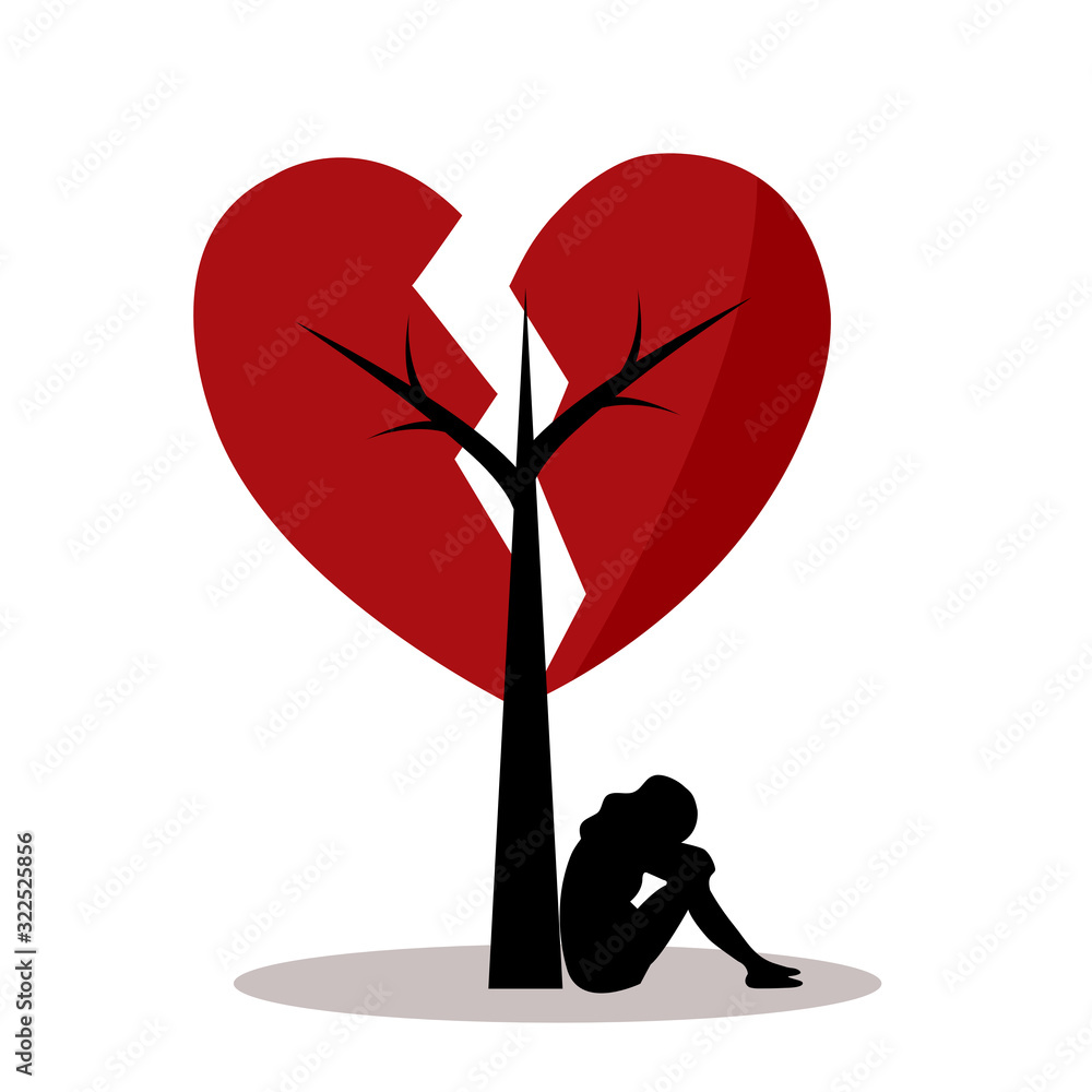 Broken heart concept vector illustration on white background. Sad woman  crying under red broken heart tree. Stock Vector | Adobe Stock