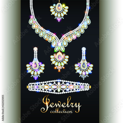 Illustration set of elegant necklace, earrings and bracelet with precious stones and the inscription jewelry collection.