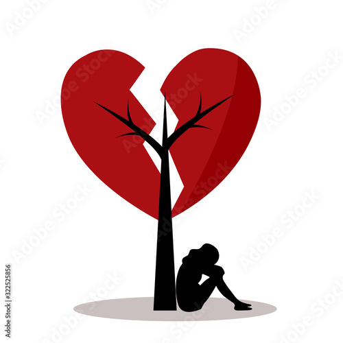 Broken heart concept vector illustration on white background. Sad woman crying under red broken heart tree.