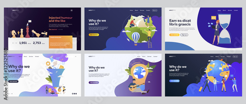 Business and environment set. People travelling, presenting project, data filter, planting tree. Flat vector illustrations. Eco project, network concept for banner, website design or landing web page