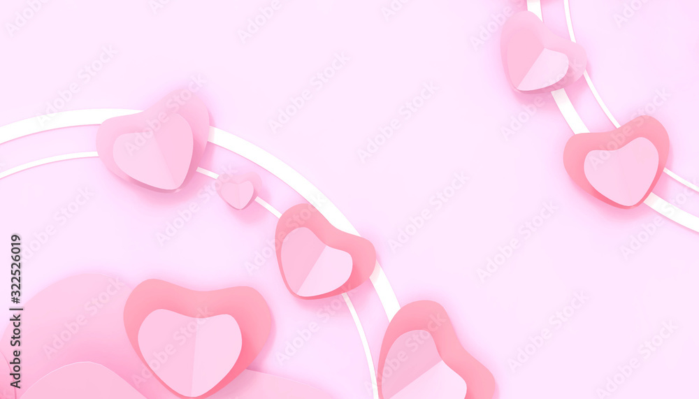 Valentine's Day flat lay Love pink hearts Concept background with  gift postcard greeting card on Pink  Background - 3d rendering