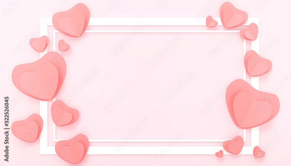 Valentine's Day Love background white square frame Red hearts gift box postcard greeting card and  Paper Cut on Pink  Background - 3d rendering