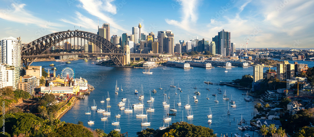 Naklejka premium Punkt widokowy na port w Sydney z miastem i mostem w ciągu dnia