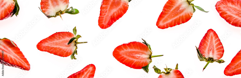 Food banner with fresh strawberry, pattern with fruits - sliced strawberries on white background. Food banner with fresh strawberry, pattern with fruits - sliced strawberries on white background.