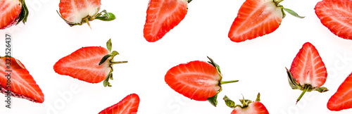 Food banner with fresh strawberry, pattern with fruits - sliced strawberries on white background.