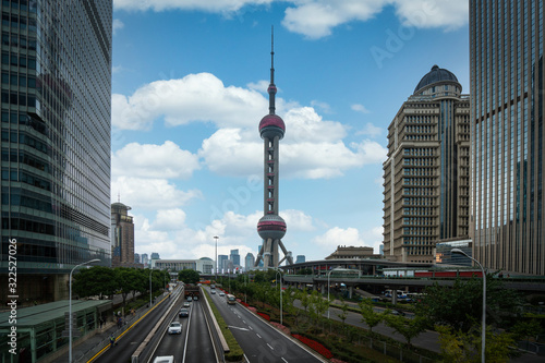 Shanghai city and tower with a road and building