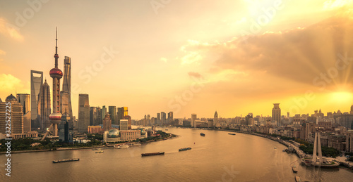Photography Sunset time in shanghai city withriver and building background