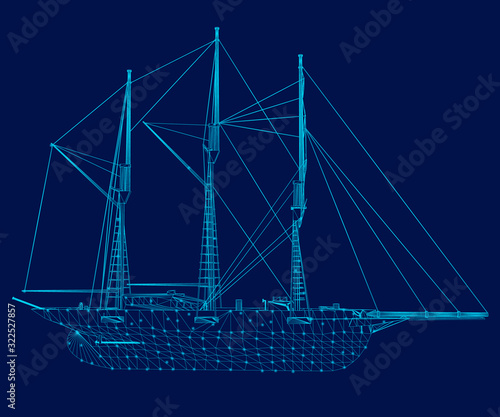 Wireframe of a sailing ship of blue lines on a dark background. Side view. Vector illustration