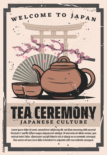 Tea ceremony cups and pot of Japanese green powdered tea matcha with flowers of sakura tree, Asian paper fan and torii gate vector design. Traditions of oriental culture and Zen Buddhism, travel theme