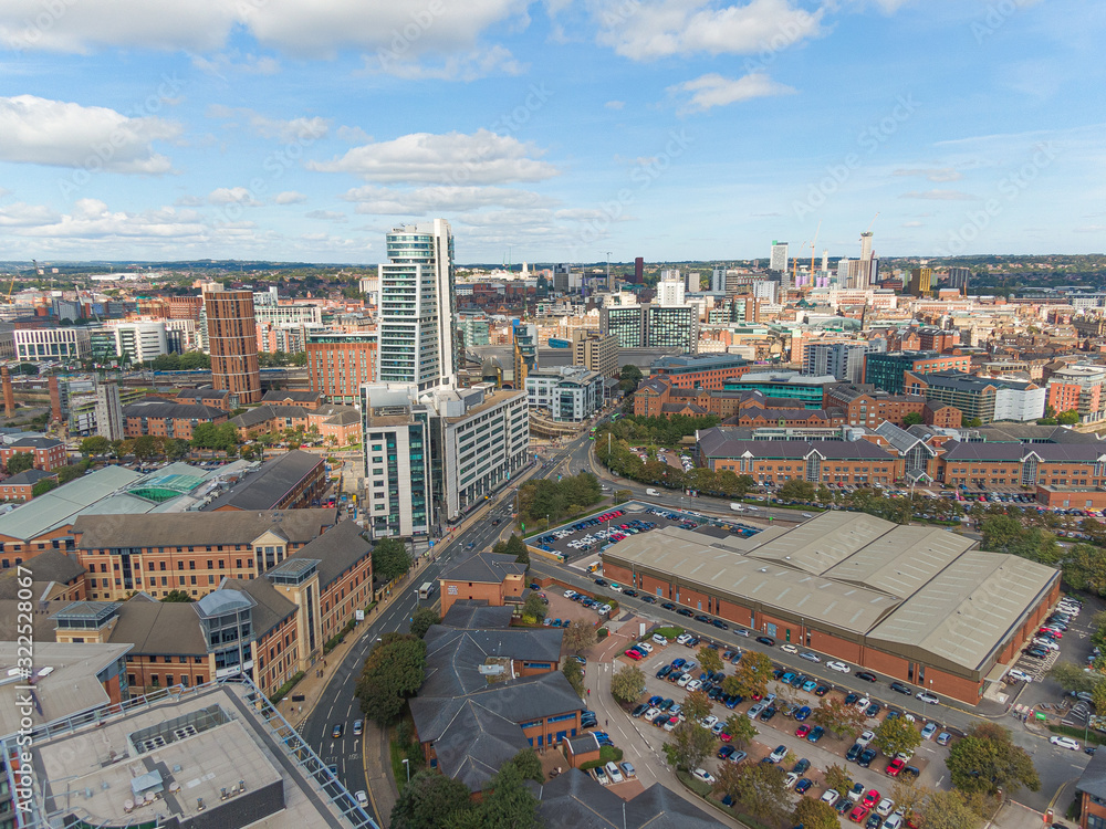 Fototapeta premium Aerial drone Leeds City Centre, West Yorkshire, England