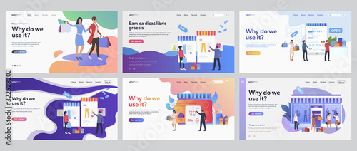 Sale and shopping set. Shoppers holding bags, buying online, choosing clothes Flat vector illustrations. Business, marketing, promotion concept for banner, website design or landing web page