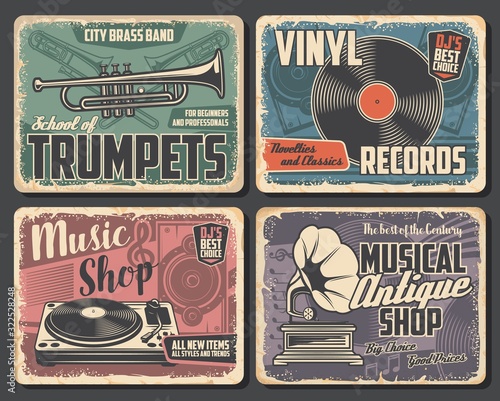 Trumpet and trombone vector brass music instruments, vinyl records and players, musical notes, loudspeaker, vintage gramophone and treble clef. Brass music school and musical shop retro posters design