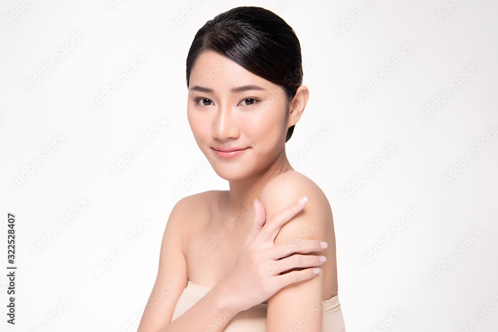 Portrait beautiful young asian woman clean fresh bare skin concept. Asian girl beauty face skincare and health wellness, Facial treatment, Perfect skin, Natural makeup, on white background,two Portrait beautiful young asian woman clean fresh bare skin concept. Asian girl beauty face skincare and health wellness, Facial treatment, Perfect skin, Natural makeup, on white background,two