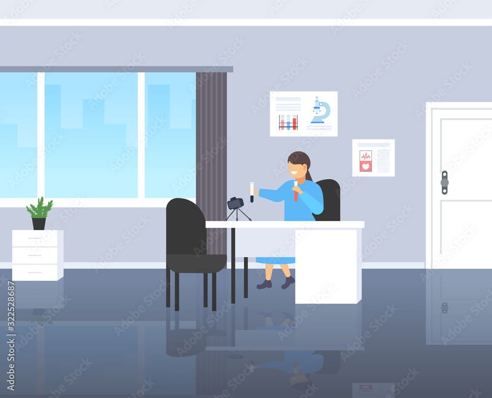 female doctor blogger holding test tubes with different liquids woman scientist recording video with camera on tripod medicine blogging concept modern clinic interior full length horizontal vector female doctor blogger holding test tubes with different liquids woman scientist recording video with camera on tripod medicine blogging concept modern clinic interior full length horizontal vector