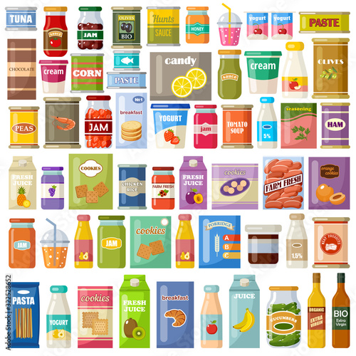 Set of products on a white background. Grocery. Gastronomy. Canned food, juice, jam, cookies