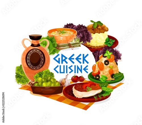 Greek cuisine vector icon of seafood and meat dishes, served with olives and wine. Shrimp risotto, baked fish, chicken stew with mashed potato and lentil cream soup with green salad leaves and herbs