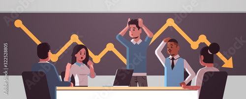 businesspeople team frustrated about falling economic graph arrow fall down financial crisis bankrupt investment risk concept mix race stressed employees sitting at round table horizontal portrait