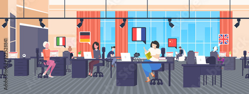 multi language translators using dictionary vocabulary chat bubble communication social media network blogging concept modern office interior horizontal full length vector illustration